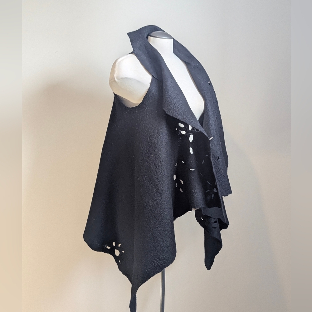 Artisan Black Felt Wool Vest Cutout Assymetrical Medium Large Witchy